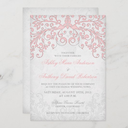 ヴィンテージ赤面ピンクグレーフローラ結婚式招待状 招待状 (正面/裏面)