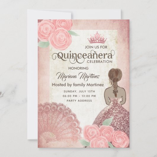 ヴィンテージ赤面ピンクハンドファンバラティアラクインズ 招待状 (正面)