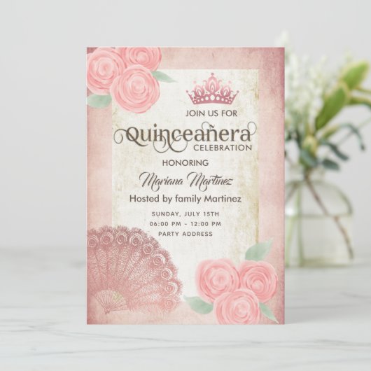 ヴィンテージ赤面ピンクハンドファンバラティアラクインズ 招待状 (スタンド正面)