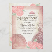 ヴィンテージ赤面ピンクハンドファンバラティアラQuince Inv 招待状 (正面/裏面)