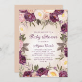 ヴィンテージ赤面ピンクパープルフローラベビーシャワー 招待状 (正面/裏面)