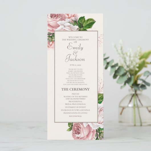 ヴィンテージ赤面ピンクフローラクリーム結婚式 プログラム (スタンド正面)