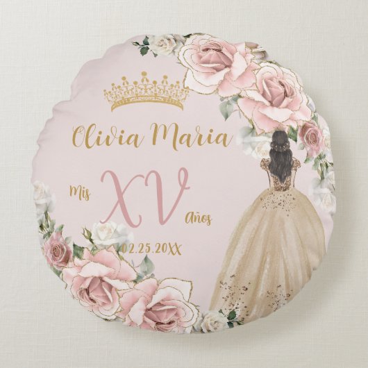 ヴィンテージ赤面ピンクフローラシャンパンキンセアニラ ラウンドクッション (正面)