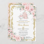 ヴィンテージ赤面ピンクフローラティーパーティーブライダルシャワー 招待状 (正面/裏面)