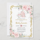 ヴィンテージ赤面ピンクフローラティーパーティーブライダルシャワー 招待状 (正面)
