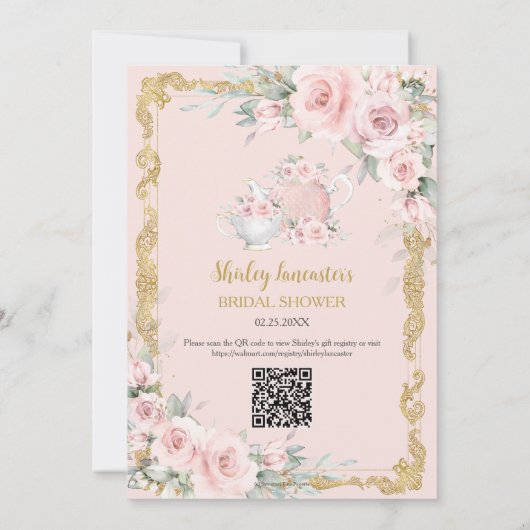 ヴィンテージ赤面ピンクフローラティーパーティーブライダルシャワー 招待状 (裏面)