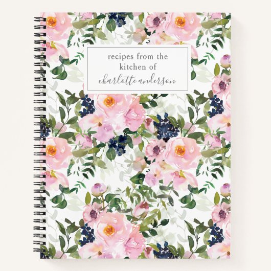 ヴィンテージ赤面ピンクフローラパーソナライズされたレシピ  ノートブック (正面)
