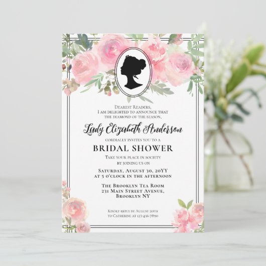 ヴィンテージ赤面ピンクフローラリージェンシーブライダルシャワー 招待状 (スタンド正面)