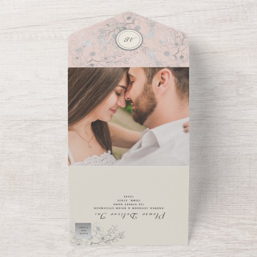 ヴィンテージ赤面ピンクフローラ結婚式招待状 オールインワン招待状 (外側)