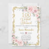 ヴィンテージ赤面ピンクフローラ100th誕生日愛 招待状 (正面)
