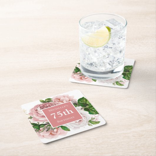 ヴィンテージ赤面ピンクフローラ75th誕生日パーティー スクエアペーパーコースター (インサイチュ)