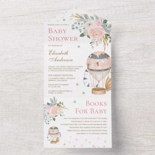 ヴィンテージ赤面ピンクホットエアバルーンベビーシャワー オールインワン招待状 (内側)