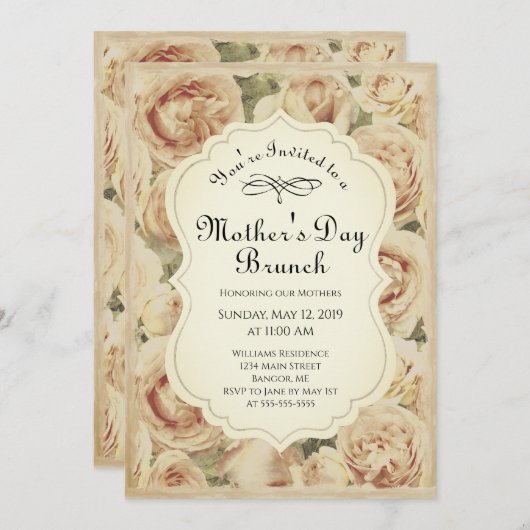 ヴィンテージ赤面ピンクロセスフローラマザーズデイブランチ 招待状 (正面/裏面)