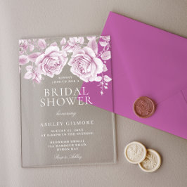 ヴィンテージ赤面ピンクローズエレガントブライダルシャワー アクリル招待状