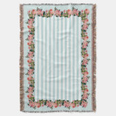 ヴィンテージ赤面ピンクローズフローラダマスクストライプ スローブランケット (正面縦)