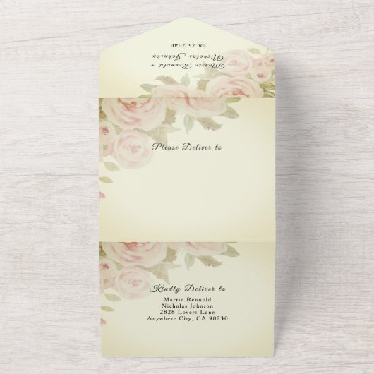 ヴィンテージ赤面ピンクローズフローラ水彩緑 オールインワン招待状 (外側)