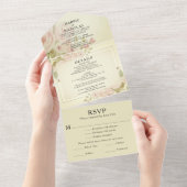 ヴィンテージ赤面ピンクローズフローラ水彩緑 オールインワン招待状 (貼ってはがせる)