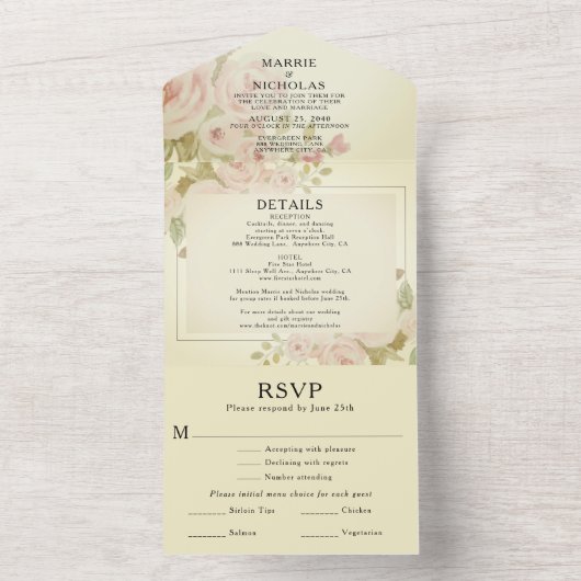 ヴィンテージ赤面ピンクローズフローラ水彩緑 オールインワン招待状 (内側)