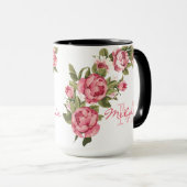 ヴィンテージ赤面ピンクローズポニーズ名,モノグラム マグカップ (正面右)