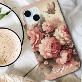 ヴィンテージ赤面ピンク牡丹と蝶のカスタム iPhone 15ケース