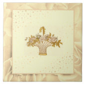 ヴィンテージ赤面ピンク緑と黄色の花 タイル (正面)