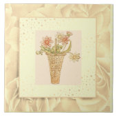 ヴィンテージ赤面ピンク緑と黄色の花 タイル (正面)