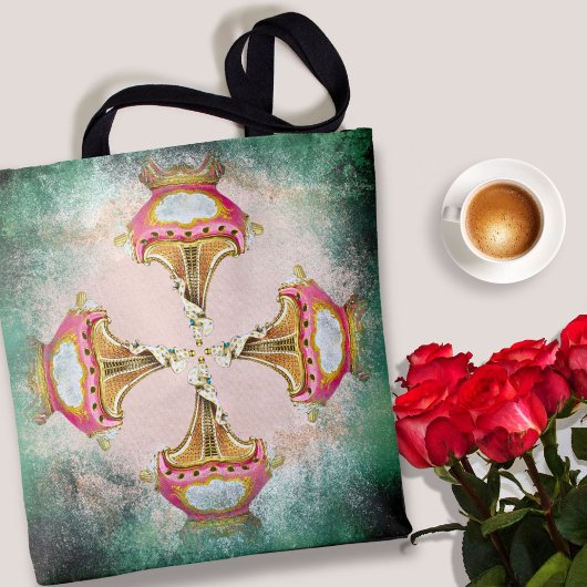 ヴィンテージ赤面ピンク色のコラージュと錆びたエッジ トートバッグ