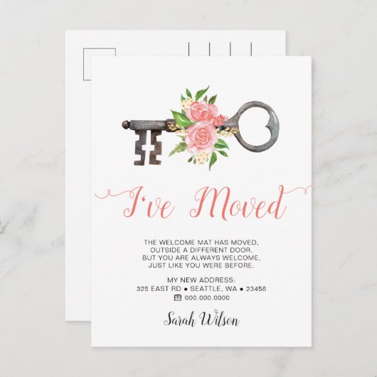 ヴィンテージ赤面フローラ鍵移動 案内ポストカード (正面/裏面)