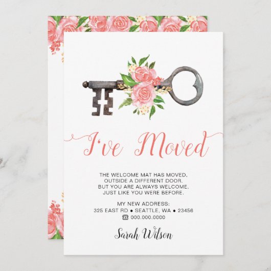 ヴィンテージ赤面フローラ鍵移動 案内状 (正面/裏面)