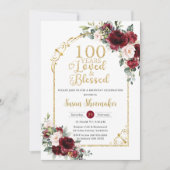 ヴィンテージ赤面ブルゴーニュフローラ100th誕生日愛 招待状 (正面)