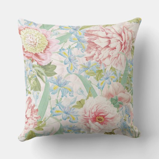 ヴィンテージ赤面牡丹の花ブルーアイリスパターン クッション (裏面)