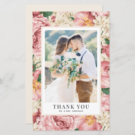 ヴィンテージ赤面結婚花の写真サンキューカード (正面/裏面)