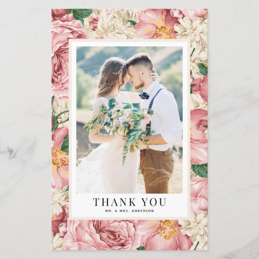 ヴィンテージ赤面結婚花の写真サンキューカード (正面)