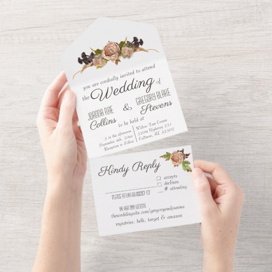 ヴィンテージ赤面&プラムフローラ結婚式招待状 オールインワン招待状 (貼ってはがせる)