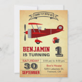 ヴィンテージ赤飛行機1歳の誕生日パーティの招待状 招待状 (正面)