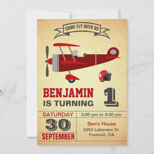 ヴィンテージ赤飛行機1歳の誕生日パーティの招待状 招待状 (正面)