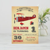 ヴィンテージ赤飛行機1歳の誕生日パーティの招待状 招待状 (スタンド正面)
