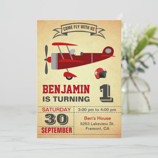 ヴィンテージ赤飛行機1歳の誕生日パーティの招待状 招待状 (スタンド正面)