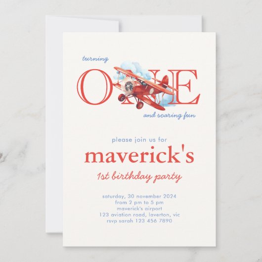 ヴィンテージ赤飛行機1歳の誕生日ボーイ 招待状 (正面)