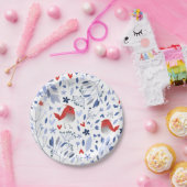 ヴィンテージ赤鳥青フローラ水色 ペーパープレート (パーティー)