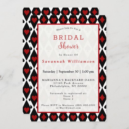 ヴィンテージ赤黒記号ブライダルシャワー 招待状 (正面/裏面)