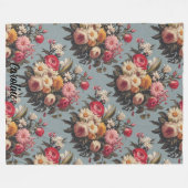 ヴィンテージ赤、ピンク、白、黄色のフローラブーケ フリースブランケット (正面(横))