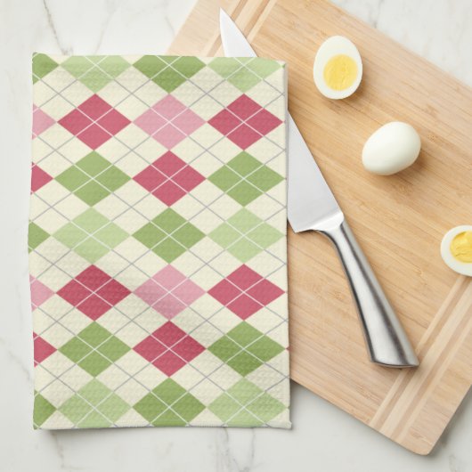 ヴィンテージ赤、緑、ピンクのパターアーガイルン キッチンタオル (四つ折り)