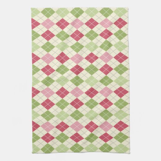 ヴィンテージ赤、緑、ピンクのパターアーガイルン キッチンタオル (縦)