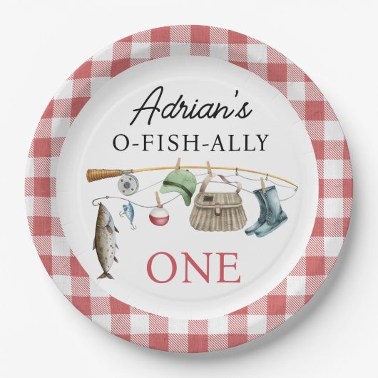 ヴィンテージ赤O-Fish-Ally One 1 Birthday ペーパープレート (正面)