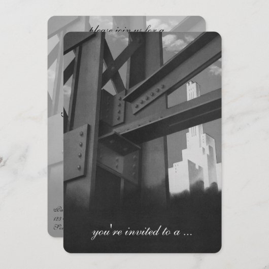ヴィンテージ超高層ビル建物、退職パーティー 招待状 (正面/裏面)