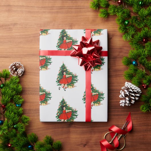 ヴィンテージ踊りガールとクリスマスツリー ラッピングペーパー (クリスマスギフト)