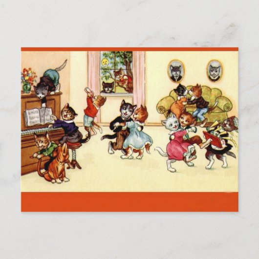 ヴィンテージ踊りパーティー猫はがき ポストカード (正面)
