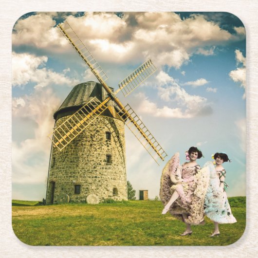 ヴィンテージ踊りフラワーガールズアンドウィンドミル スクエアペーパーコースター (正面)