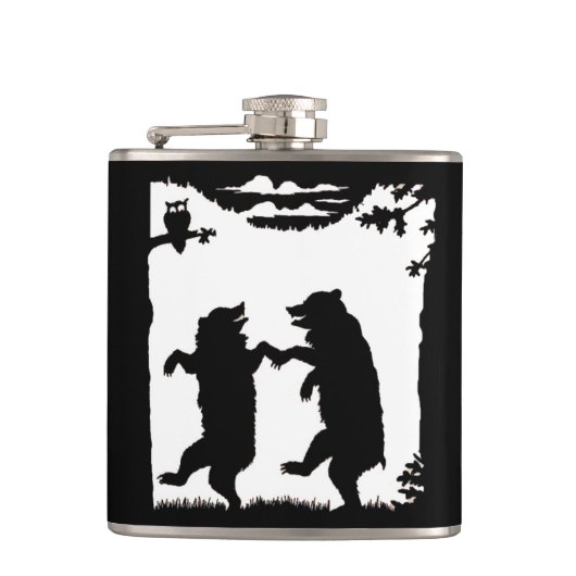 ヴィンテージ踊りベアーブラックシルエットツリーフクロウ フラスク (正面)